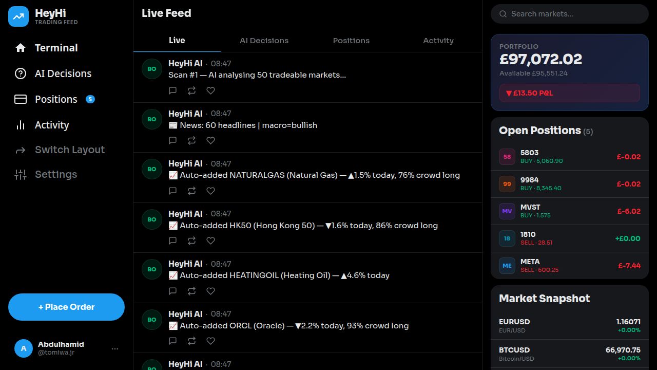 heyhi feed terminal — live AI decision stream and portfolio sidebar